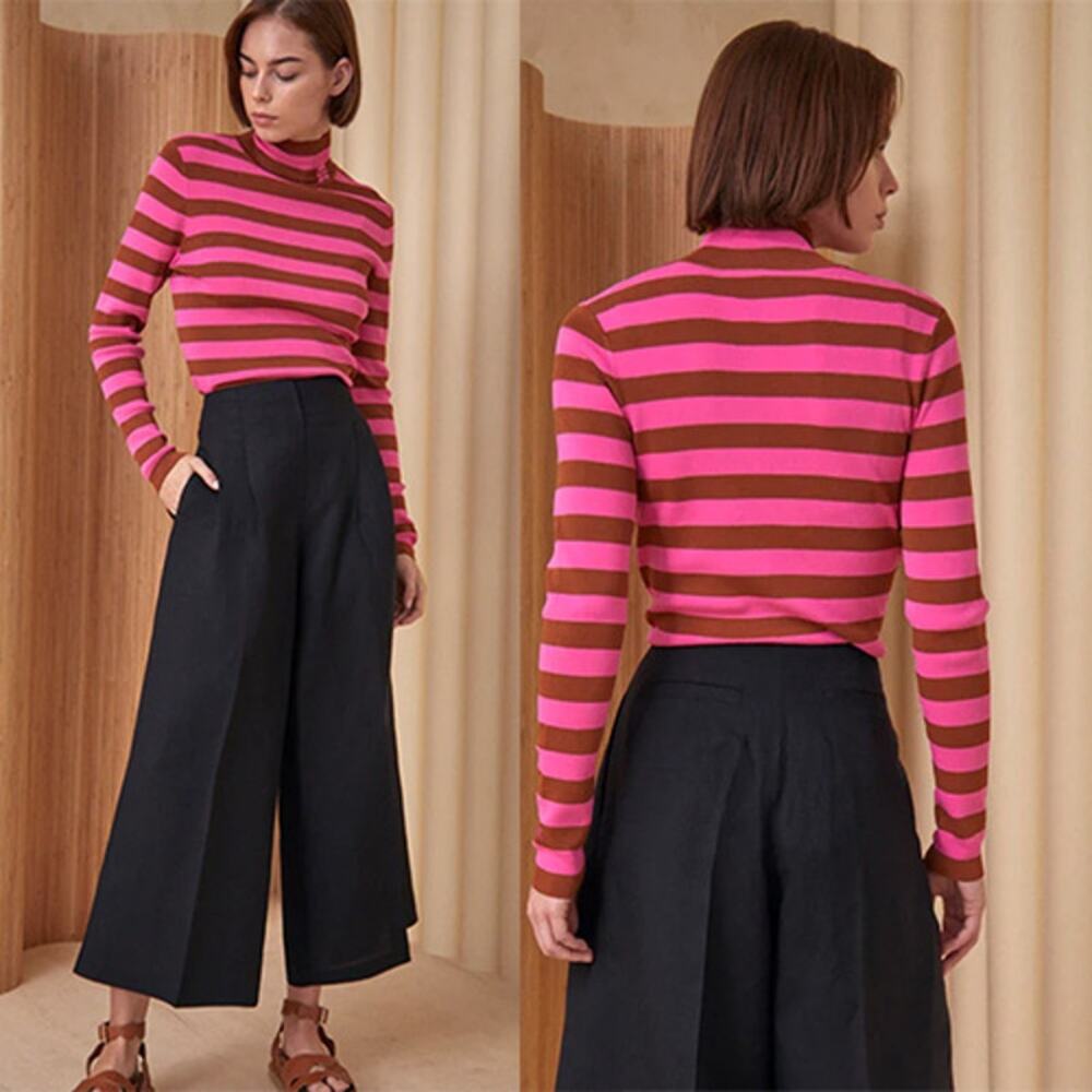 NWT Hunter Bell Lingle Long Sleeve Pink Striped Turtleneck Top in Amber Stripes